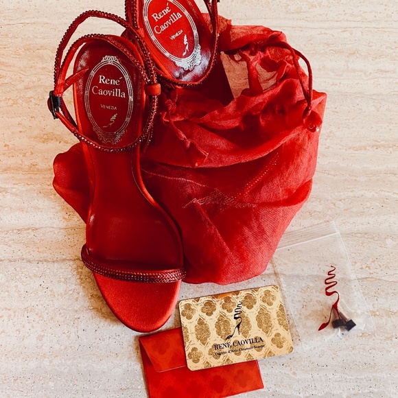 Rene Caovilla Red Satin Heels with Crystal Straps NWT - Picture 9 of 12